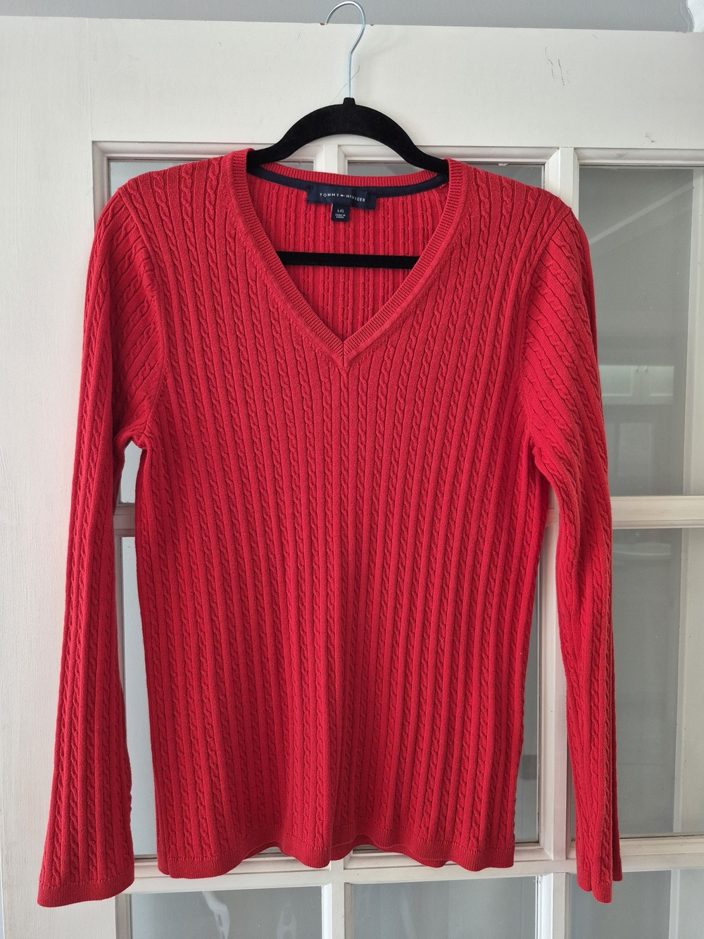 Tommy Hilfiger Red Cable Knit V-Neck Sweater Size L Perfect Condition